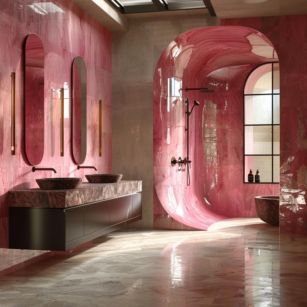 Glossy Pink Onyx Wrapped Into an Arch, Dark Stone Vessels, and a Vanity That Holds Its Ground