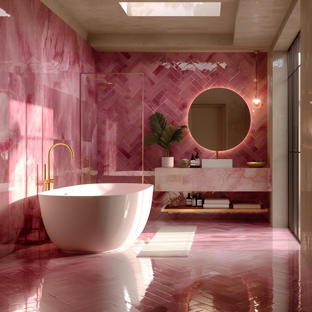 Herringbone Zellige Across Two Walls, a Skylit Soaking Tub, and Gold Fixtures Doing the Work