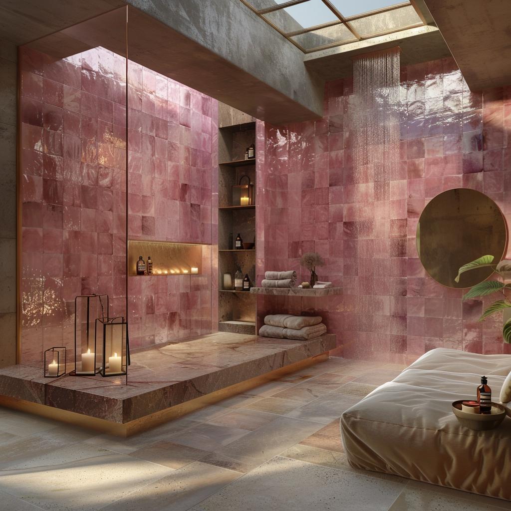 Glossy Rose Zellige Tiles, a Skylit Rain Shower, and Candlelight Pulling the Room to Ground