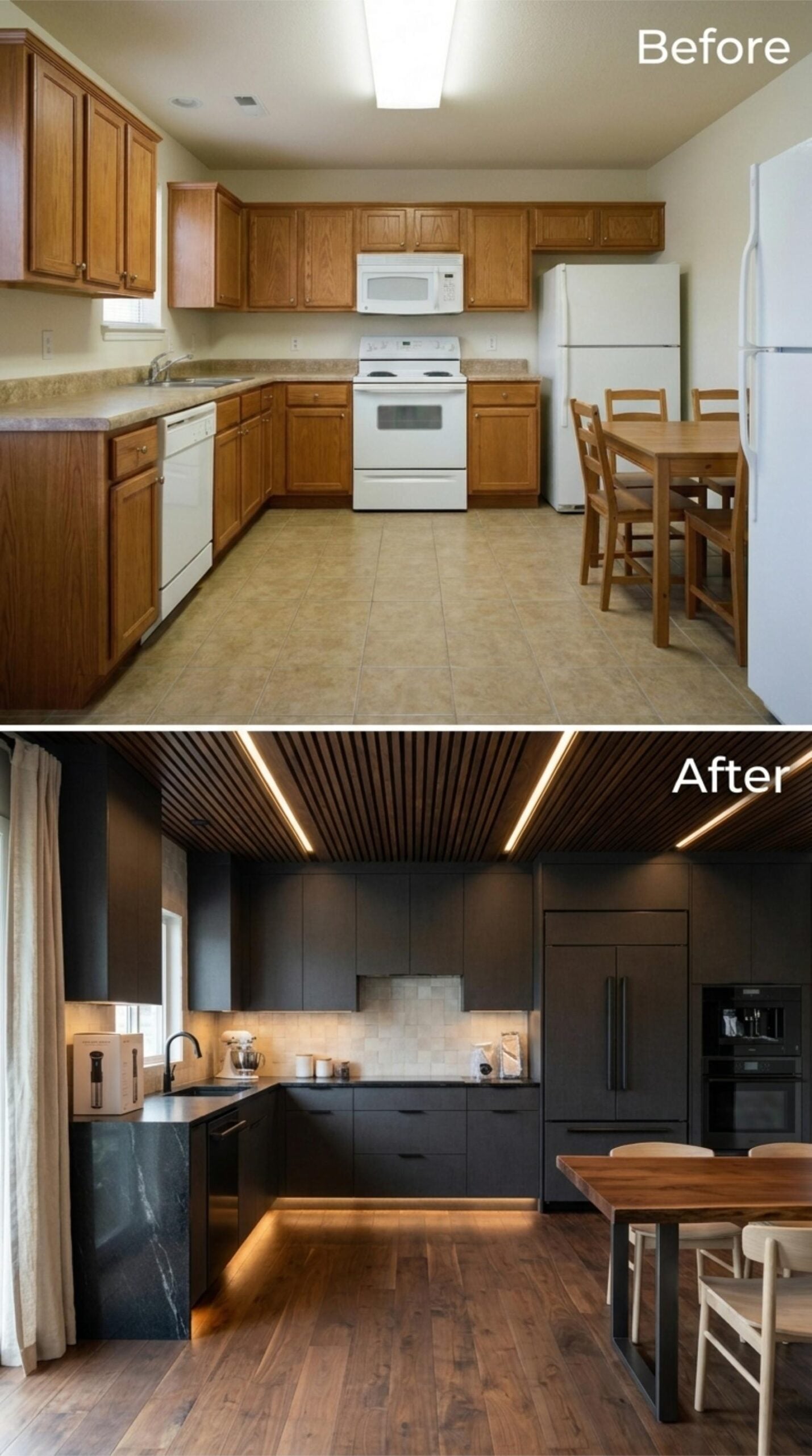 Matte Black Cabinets and a Slatted Ceiling That Actually Earn the Drama