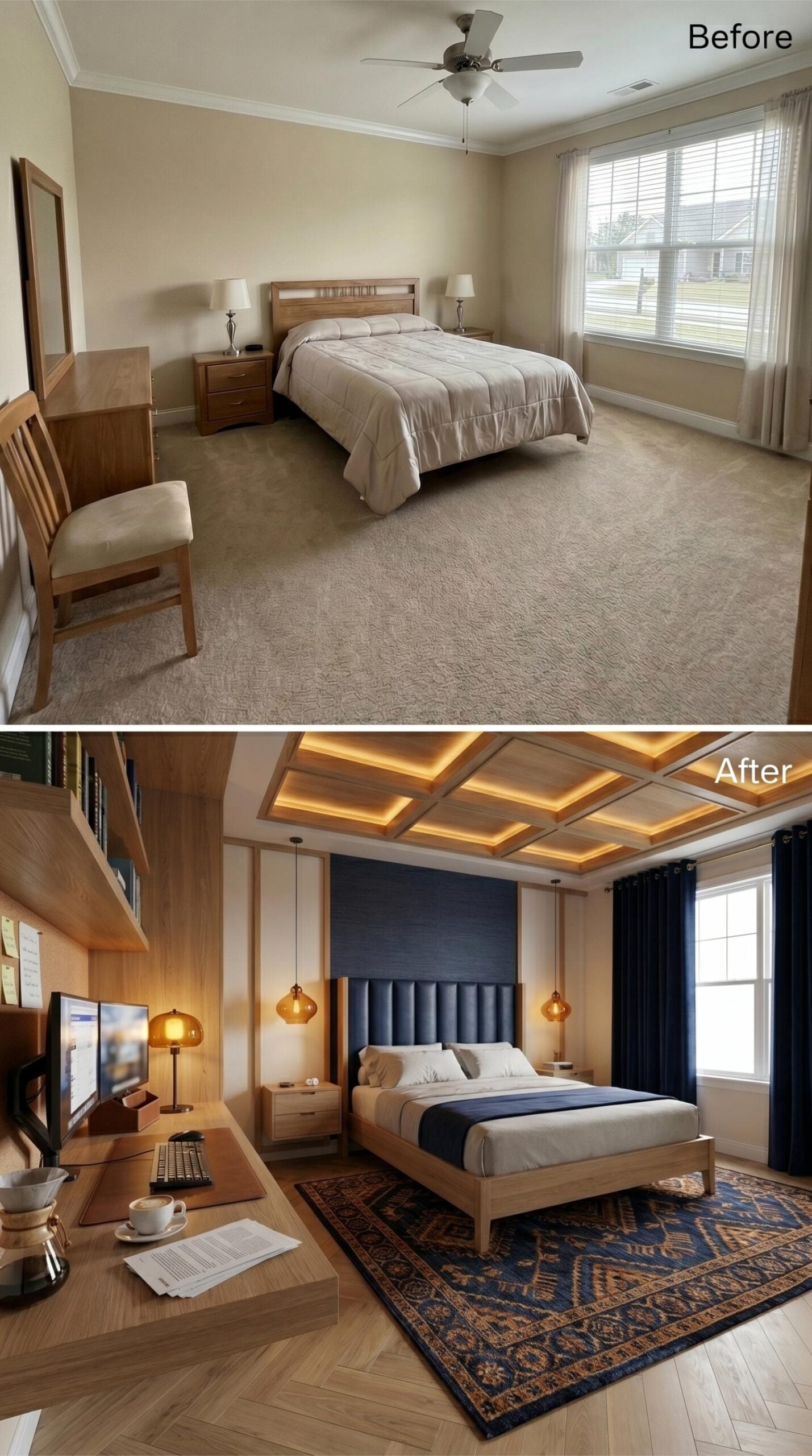 Coffered Ceiling, Pendant Lights, and a Desk That Actually Belongs Here