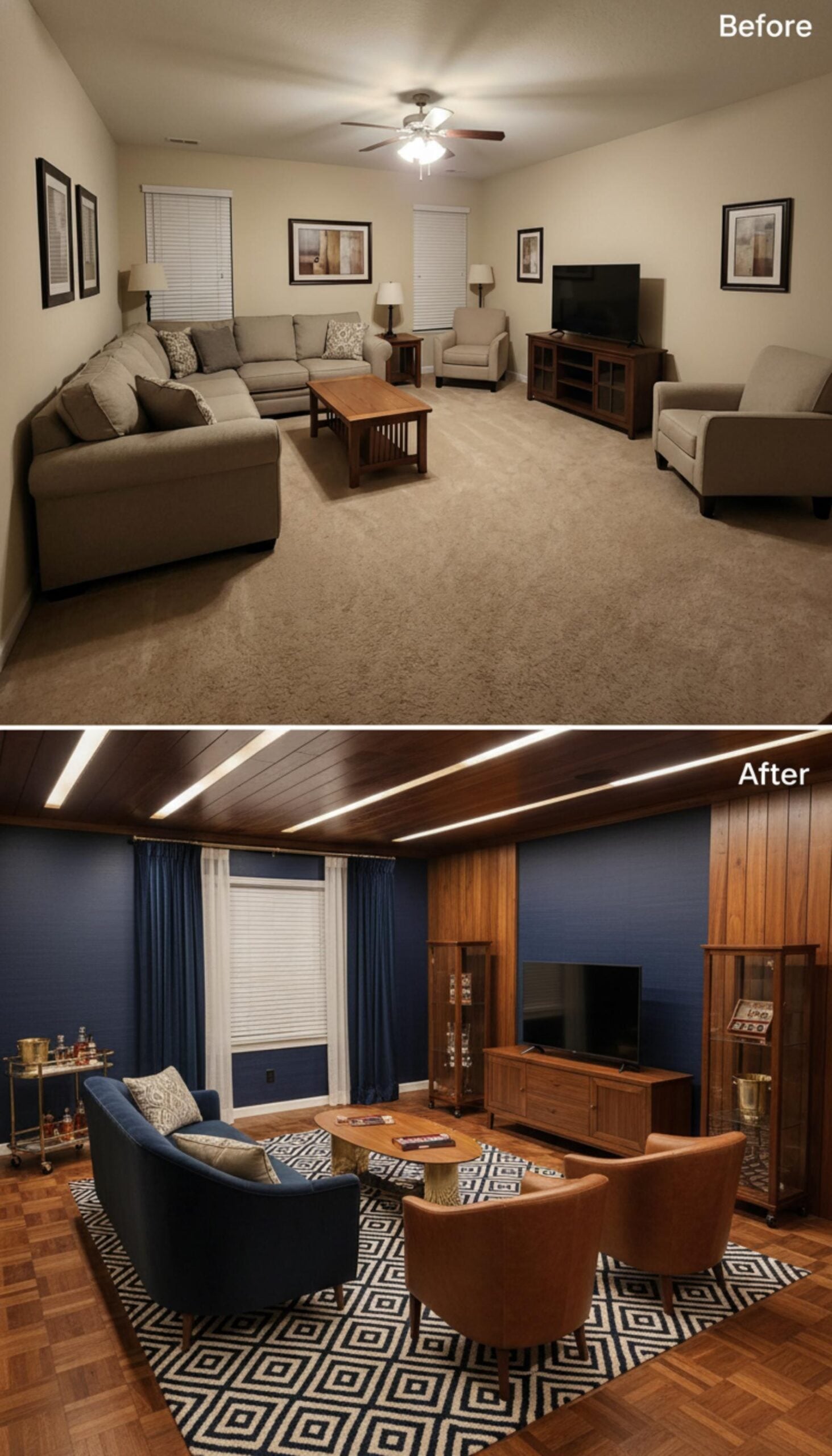 Dark Walls, Warm Wood, and a Bar Cart That Means Business