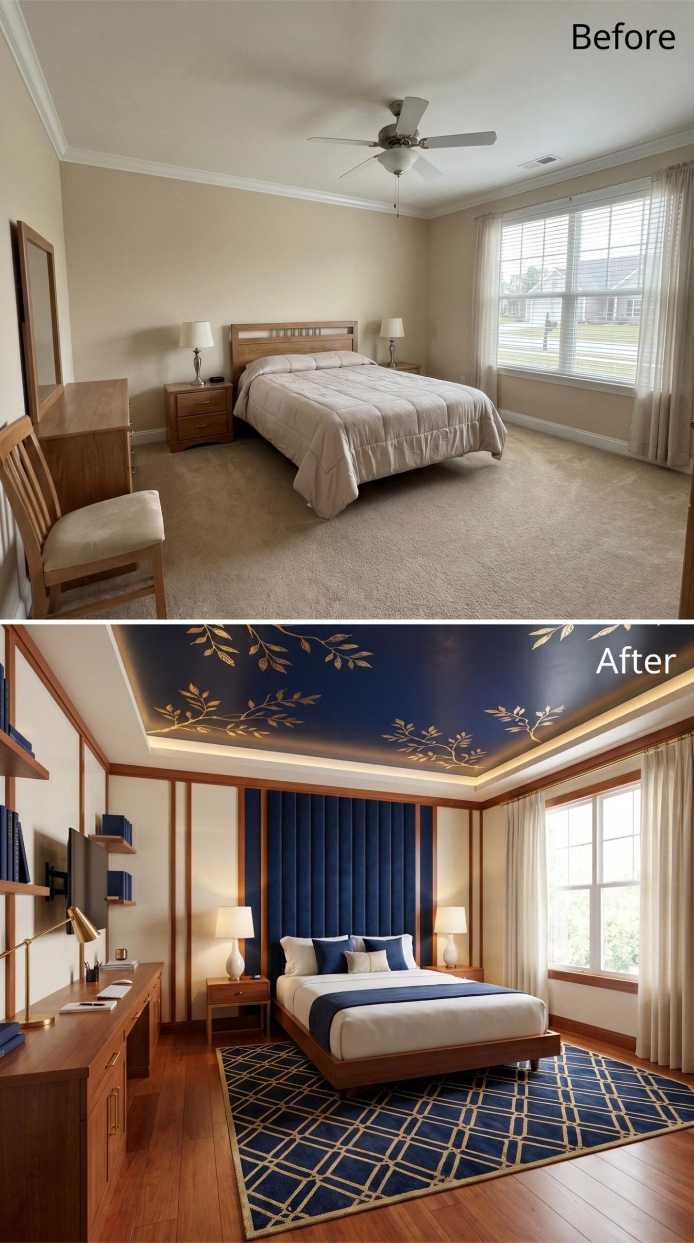 Navy Tray Ceiling, Gold Leaf Mural, and a Desk That Finally Has a Real Home