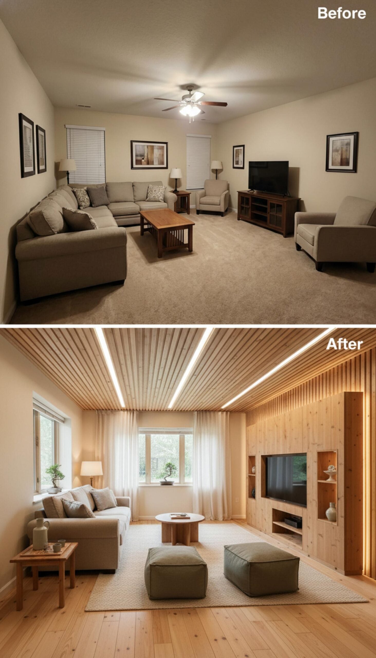 Slatted Pine Ceiling, Built-In Entertainment Wall, and Floor-to-Ceiling Curtains That Actually Fit