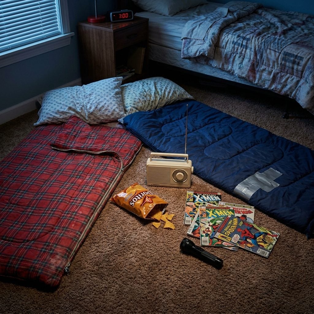 The Faded Sleeping Bag Spread Across the Floor While a Portable Radio Quietly Played All Night