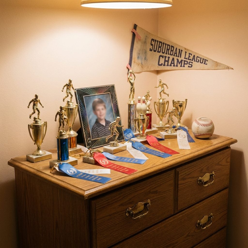 A Dresser Covered in Tiny Plastic Trophies from Soccer, Bowling, and Participation Ribbons