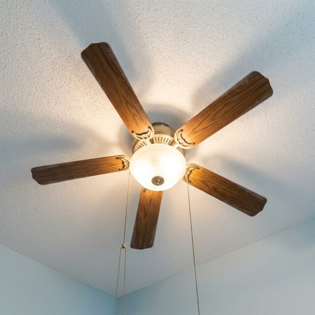 The Ceiling Fan with Faux Wood Blades and a Pull Chain That Clicked on Every Rotation