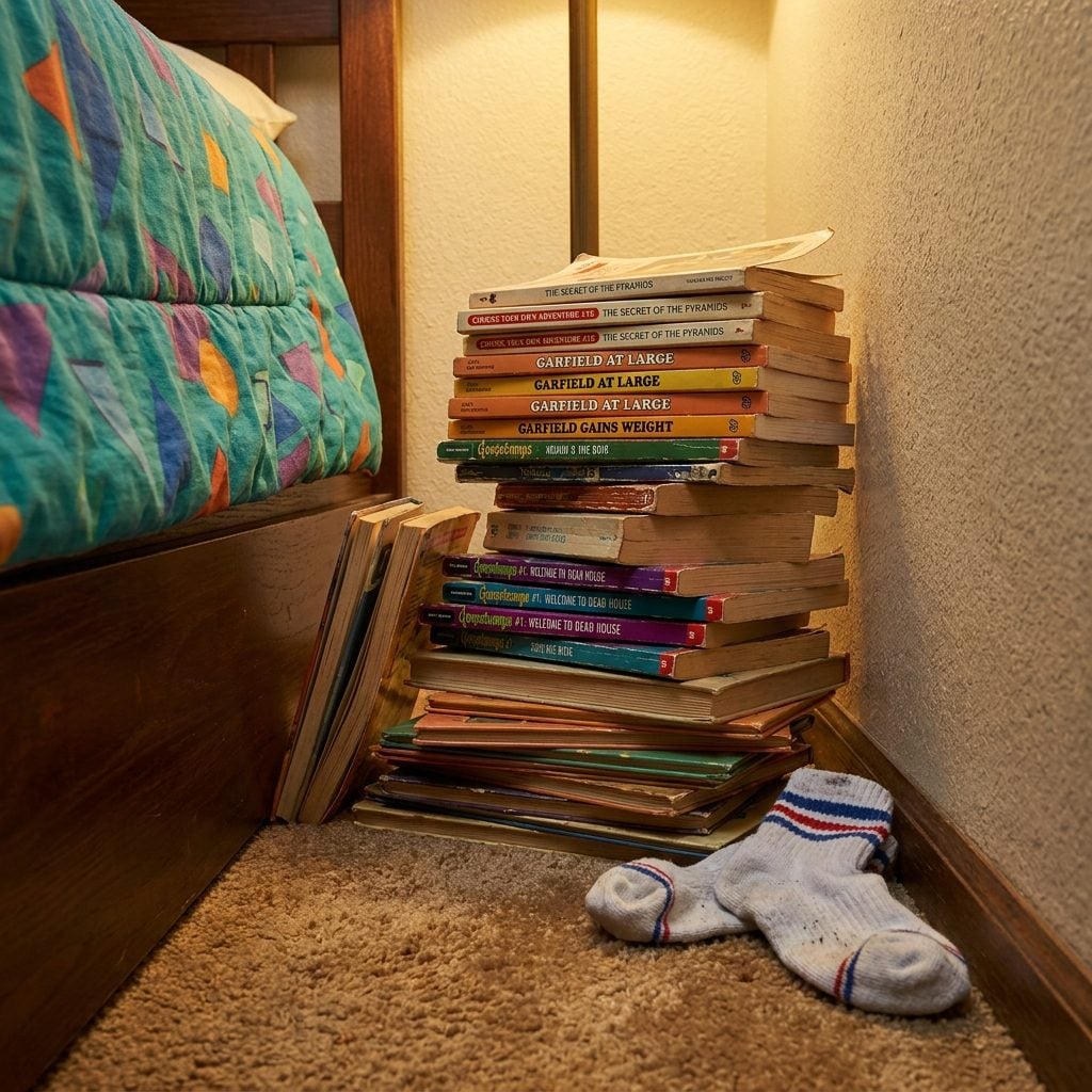 A Stack of Choose Your Own Adventure, Goosebumps, and Garfield Books Stuffed Beside the Bed