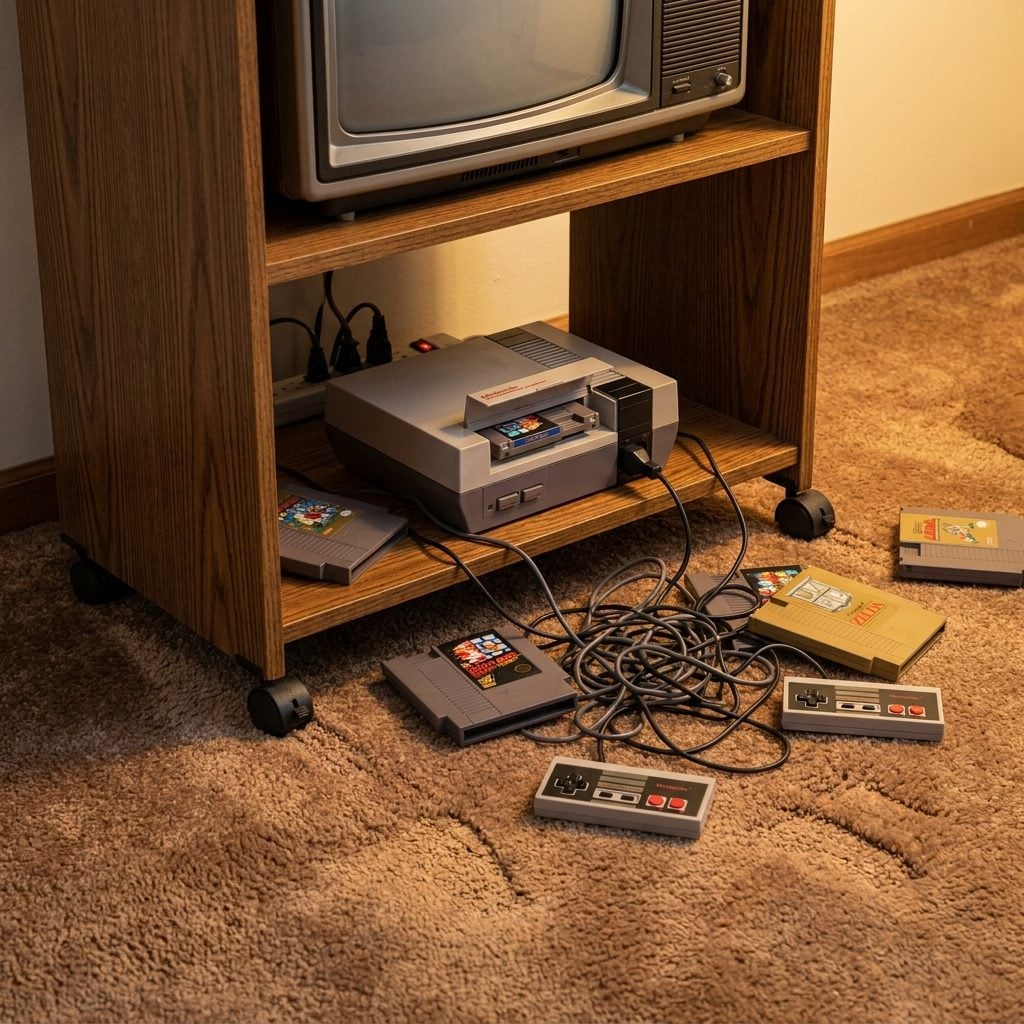 The Tangled Pile of Atari or Nintendo Controller Cords Permanently Sitting Under the TV Cart