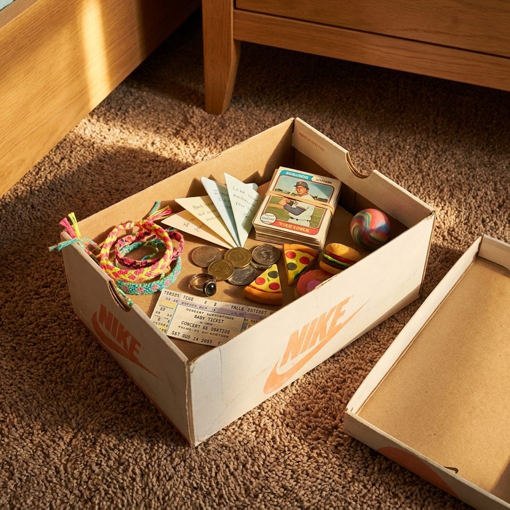 A Shoebox Filled with Friendship Bracelets, Folded Notes, Baseball Cards, and Random Arcade Tokens