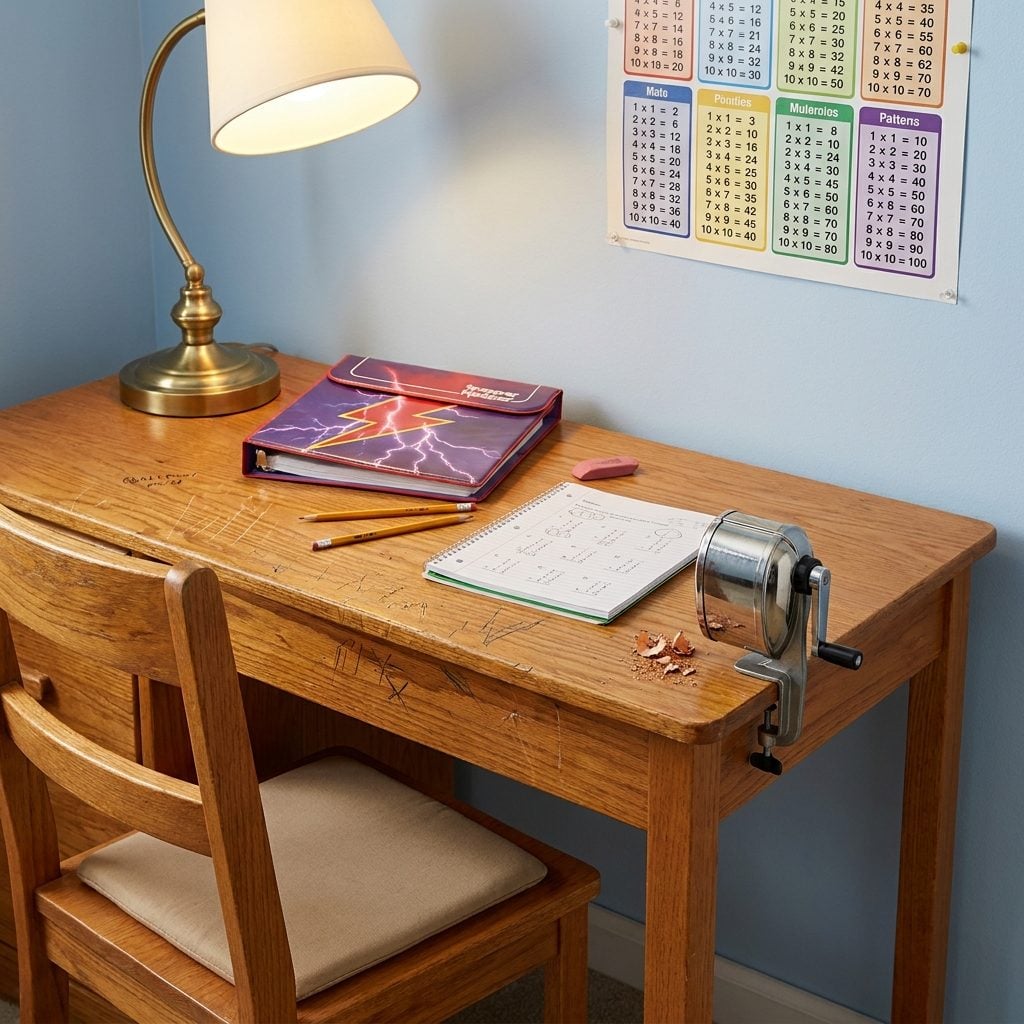 The Desk with a Built-In Pencil Sharpener and Deep Grooves from Years of Homework