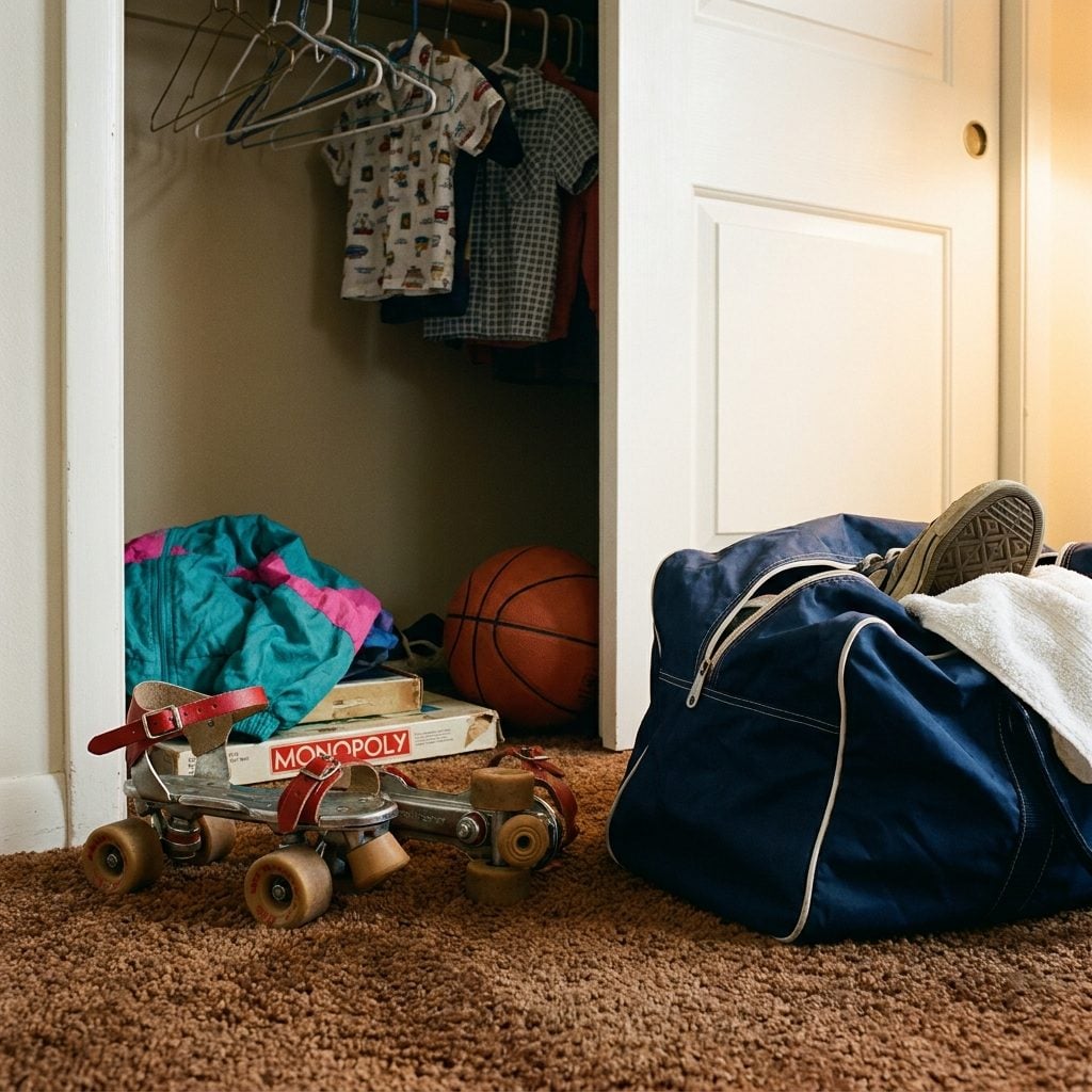A Pair of Metal Roller Skates Shoved into the Closet Beside an Oversized Gym Bag