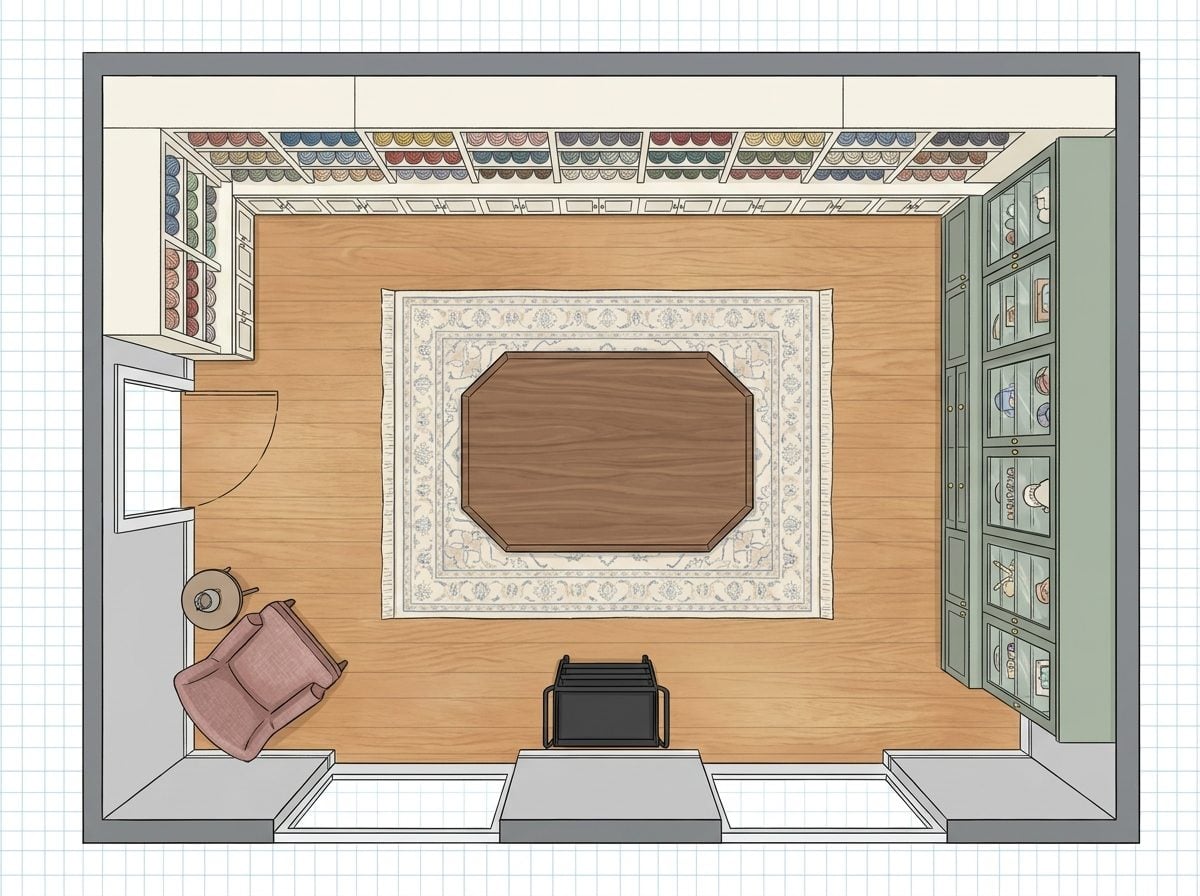 Octagonal Central Island Craft Room with Skylit Ceiling and Custom Yarn Library Wall