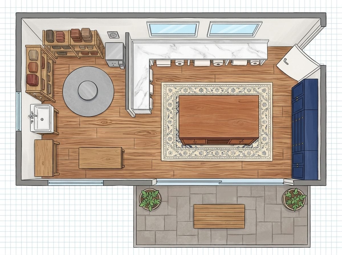 Luxury DIY Studio with Pottery Wheel Section, Outdoor Crafting Terrace, and Built-In Wrapping Counters