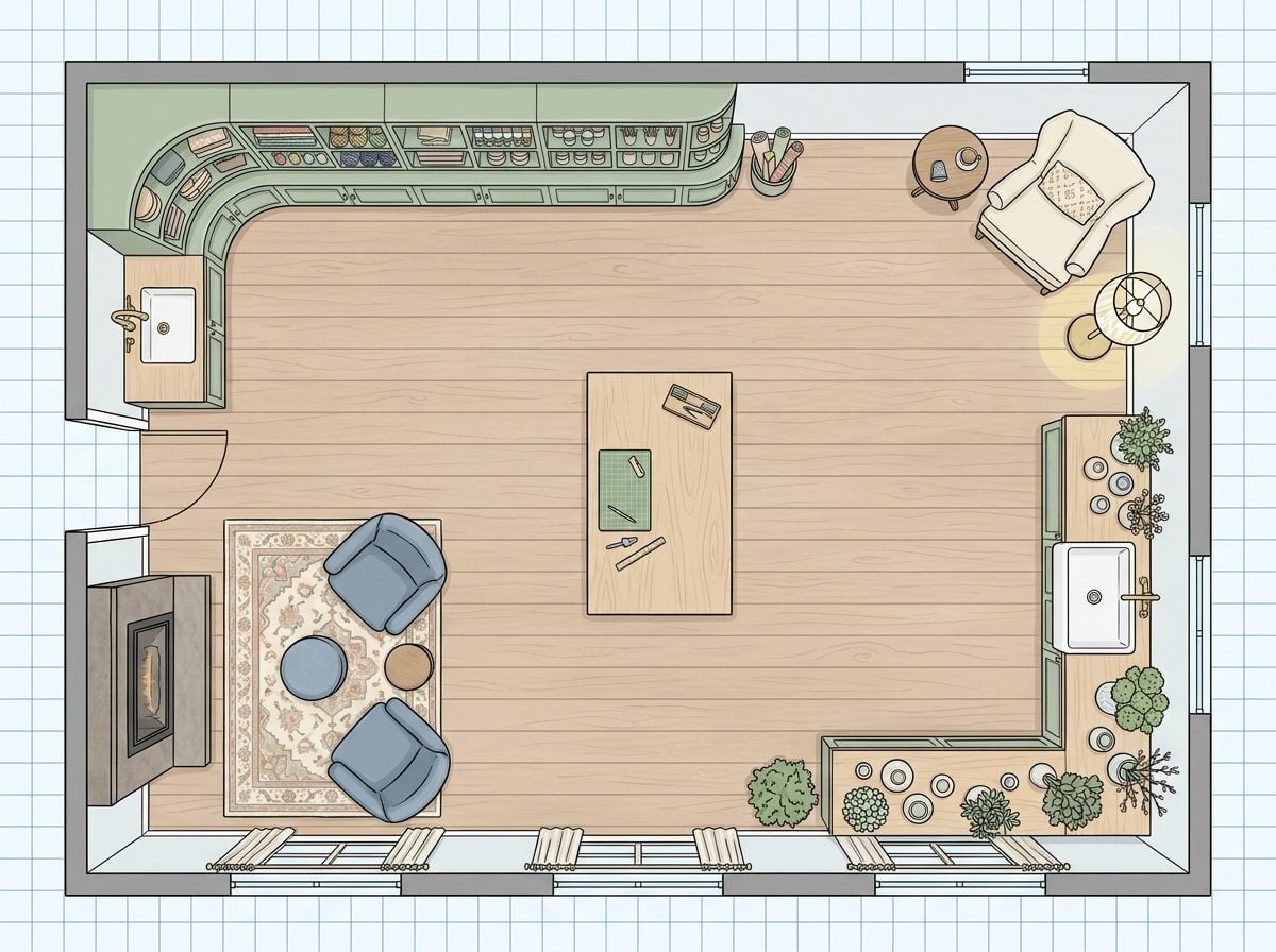Curved Cabinetry Craft Retreat with Embroidery Corner, Floral Station, and Fireplace Lounge