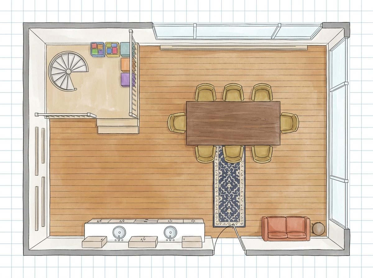 Craft Loft with Mezzanine Storage, Communal Worktable, and Panoramic Window Wall