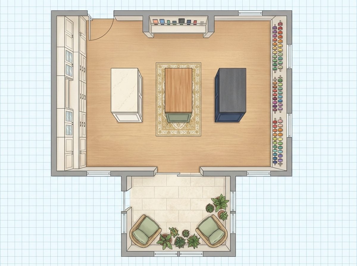 Circular Workflow Craft Room with Multiple Islands, Tech Charging Hub, and Attached Sunroom
