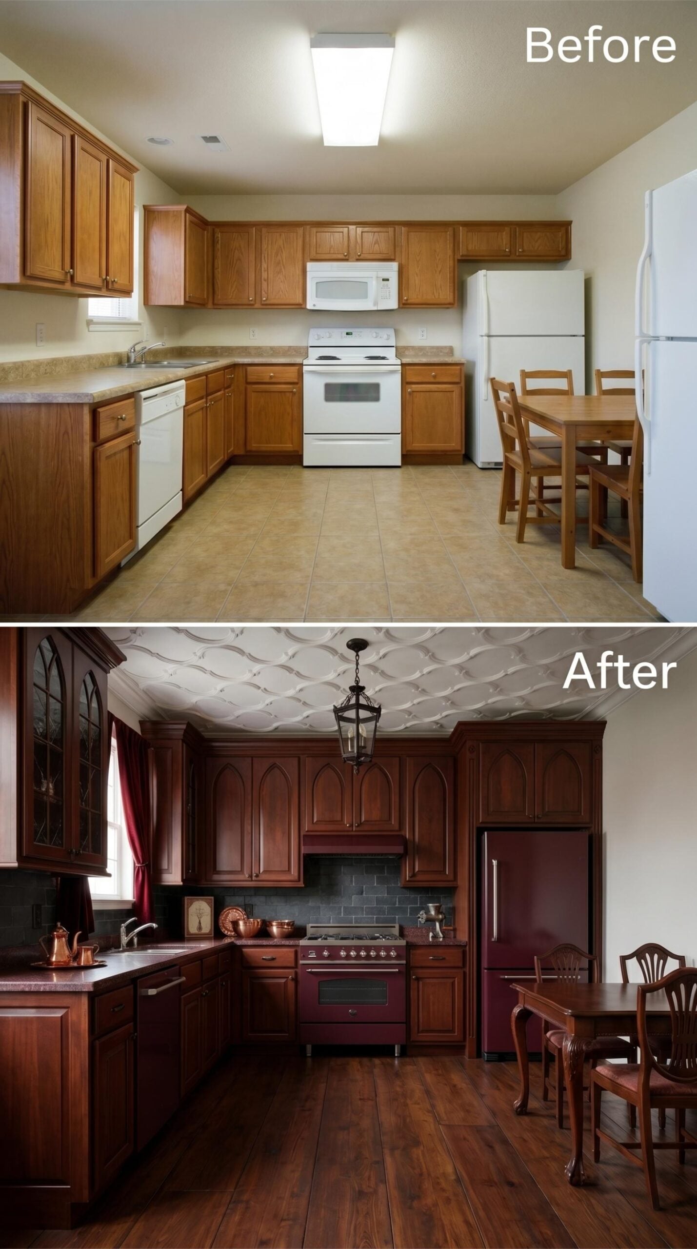 Cherry Cabinets, a Tin Ceiling, and a Burgundy Range That Commits Completely