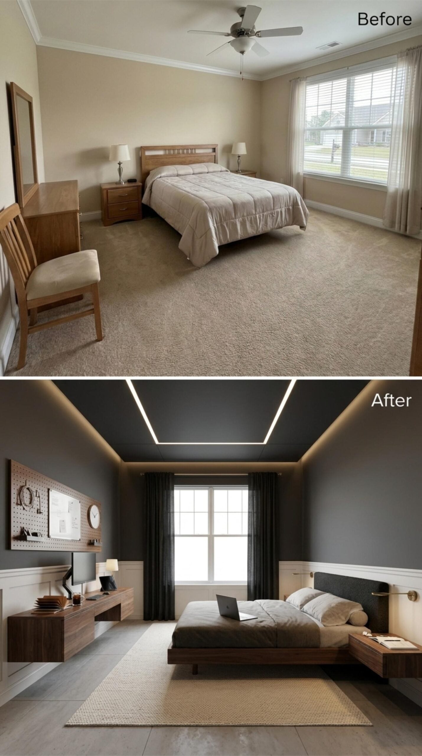 Linear LED Ceiling Frame, Charcoal Walls, and a Desk Wall That Does Real Work