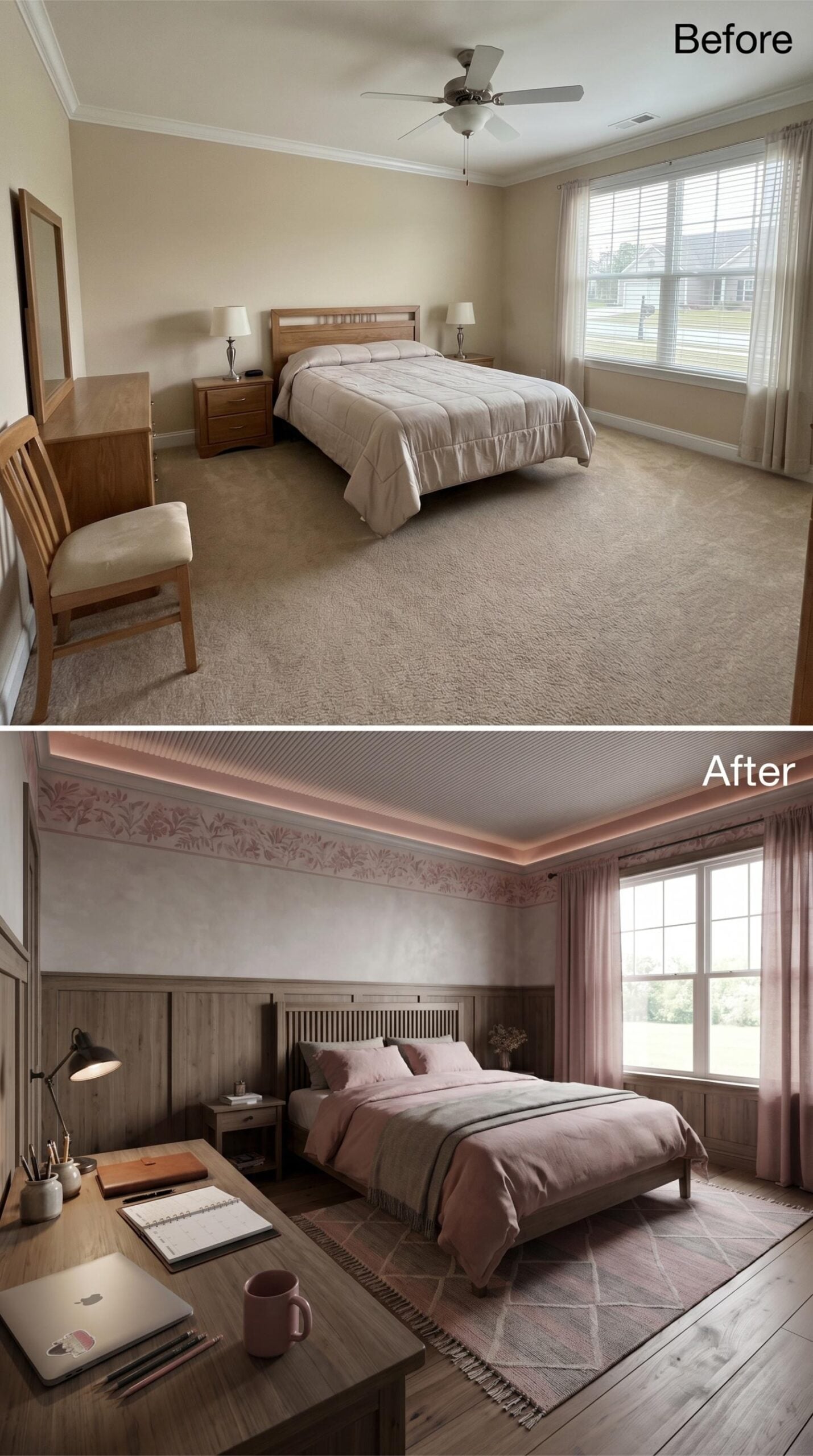 Warm Pink Linen, Wood-Paneled Walls, and a Desk That Quietly Takes Over