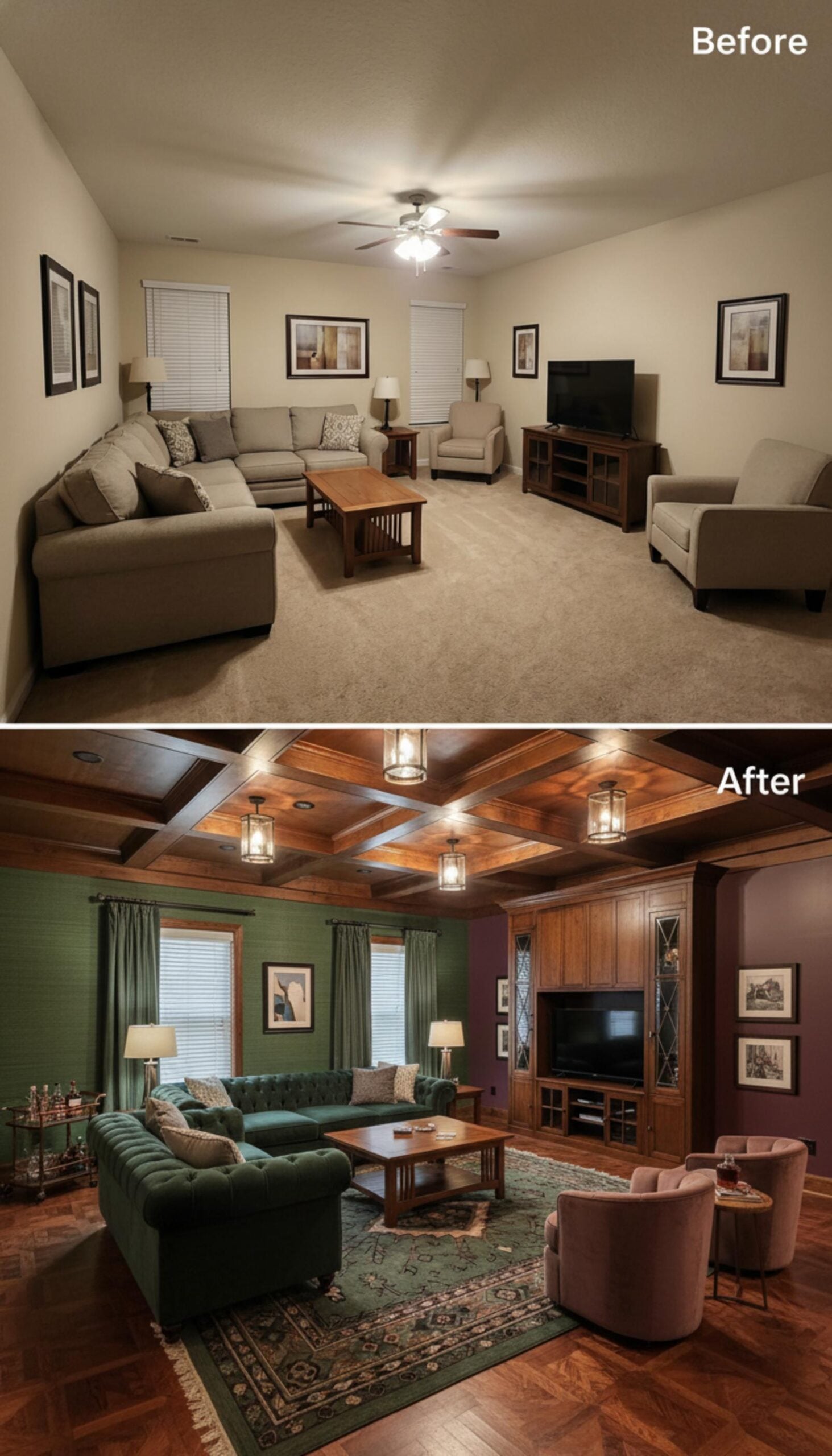 Wood Coffered Ceiling, Forest Green Walls, and Built-In Cabinetry That Commands the Room