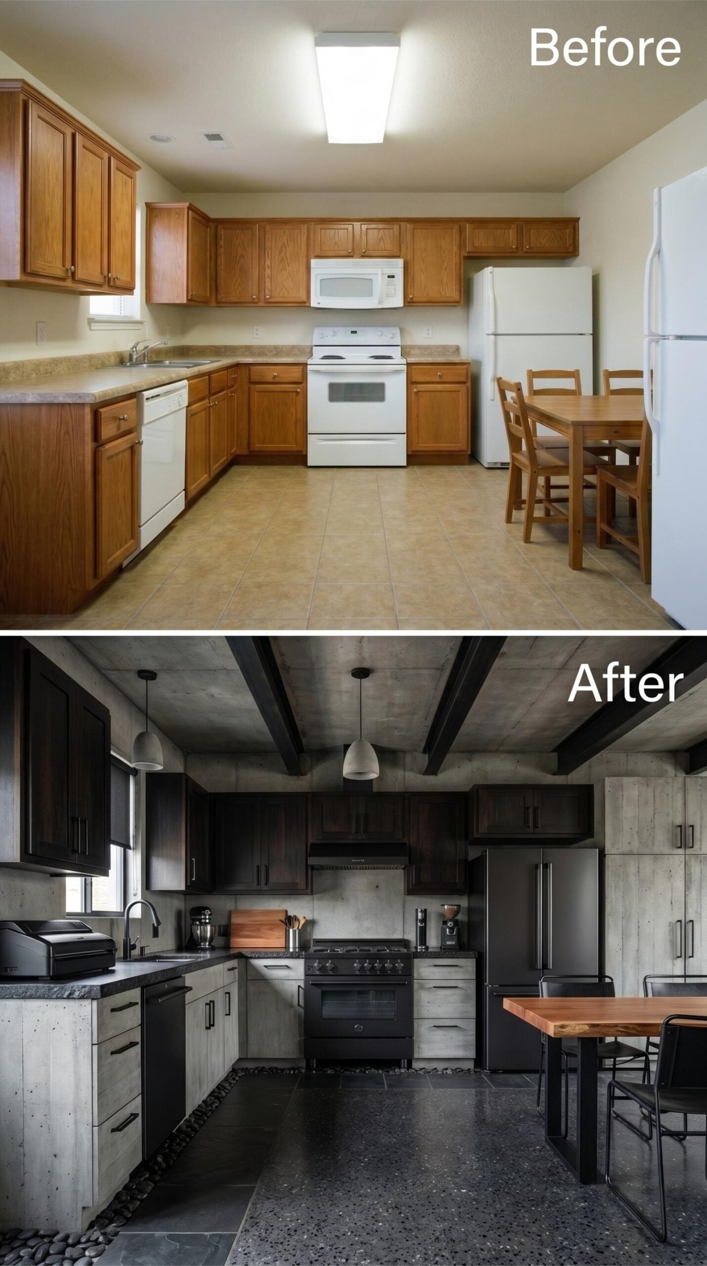 Concrete Cabinets, Exposed Ceiling Beams, and Black Appliances That Actually Pull Their Weight