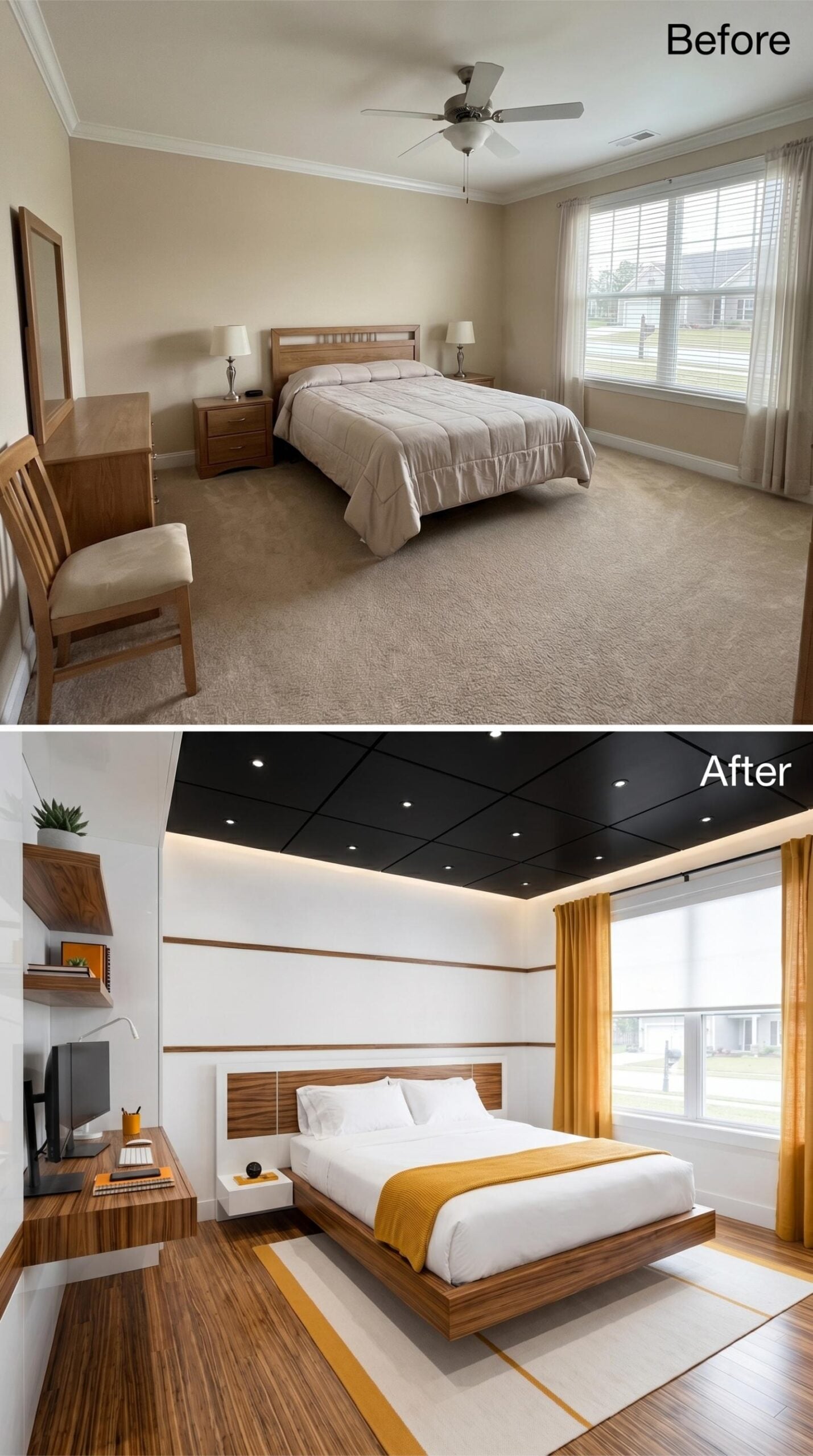 Black Grid Ceiling, Walnut Platform Bed, and a Floating Desk That Clocks In Daily
