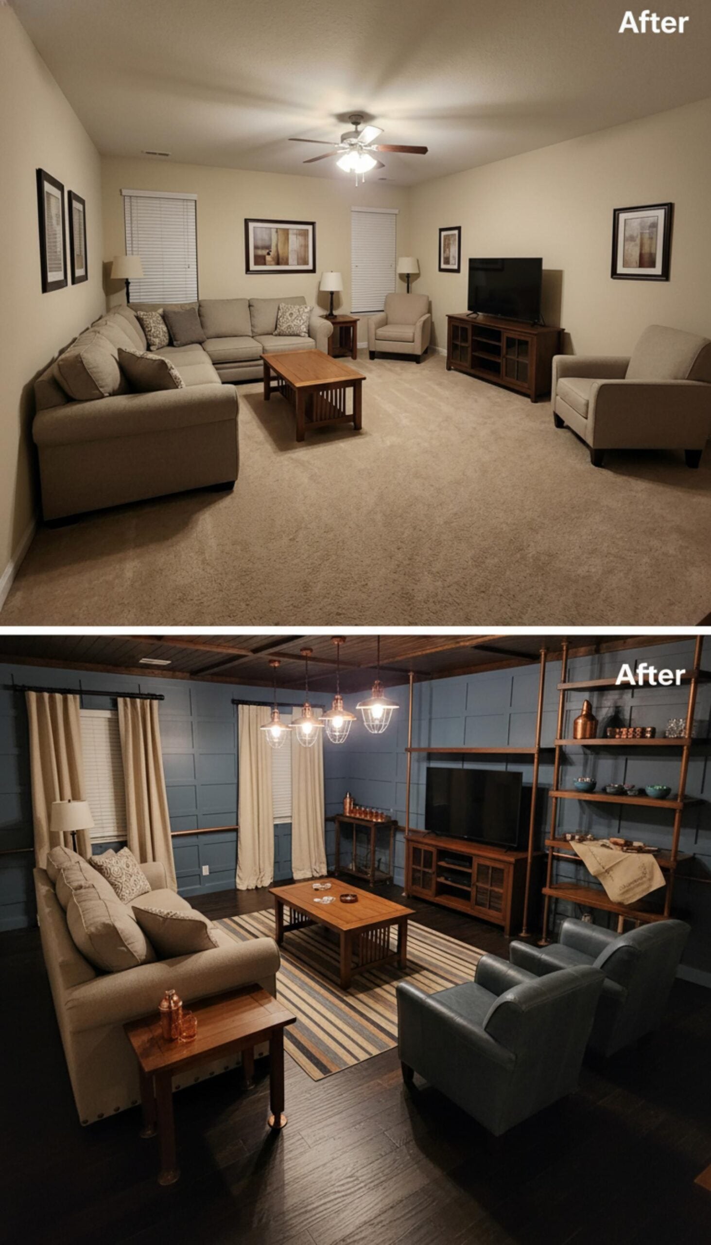 Blue Board-and-Batten Walls, Copper Pipe Shelving, and Dark Hardwood Built for Late Nights