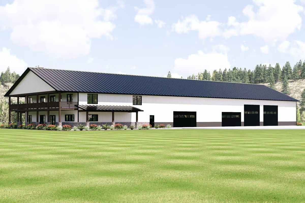 Barndominium-Style 3-Bedroom Home with 6-Car Garage and Wraparound Porch (Floor Plan)