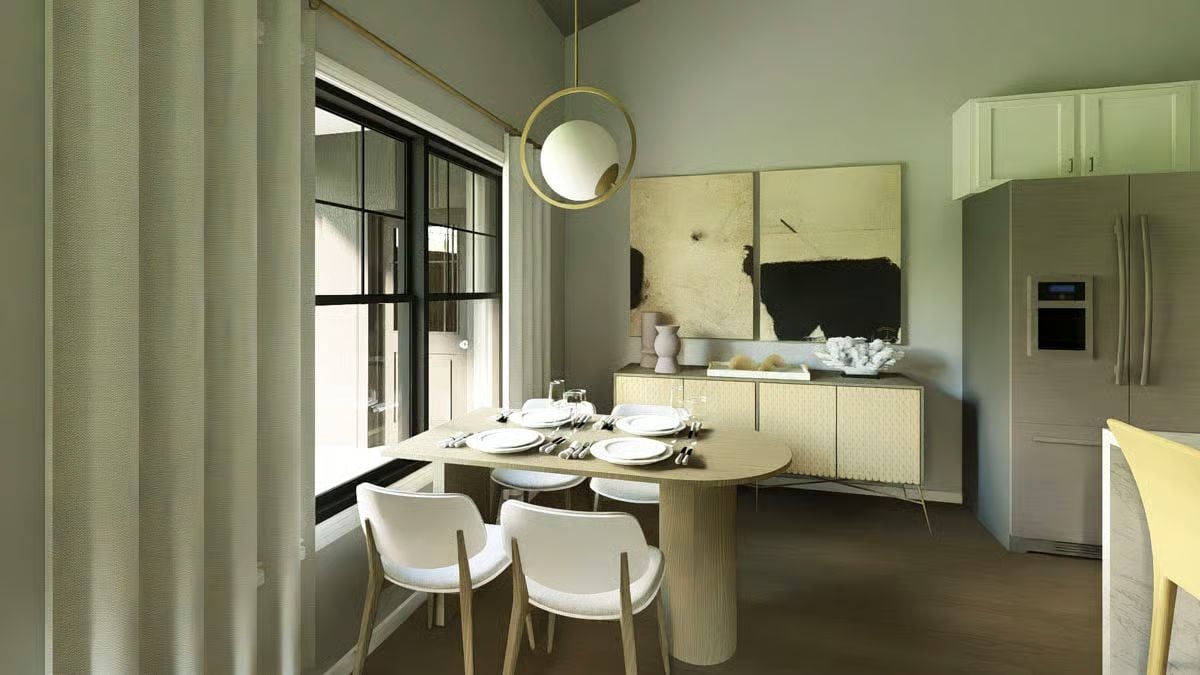 Warm Neutrals and a Globe Pendant Make the Dining Nook Feel Intentional