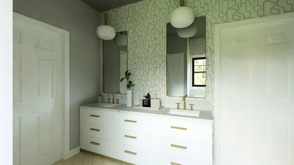 Gold Hardware and Patterned Wallpaper Pull Double Duty in This Double Vanity