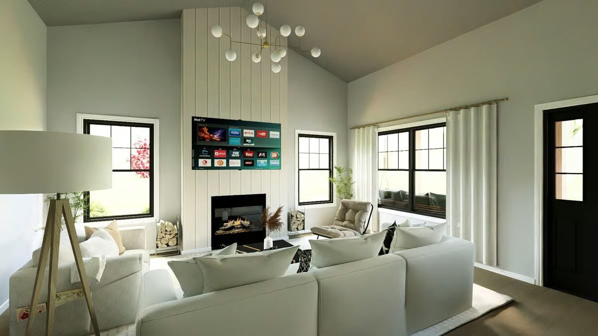 Vaulted Shiplap, a Wall-Mounted TV, and One Very Comfortable Sectional