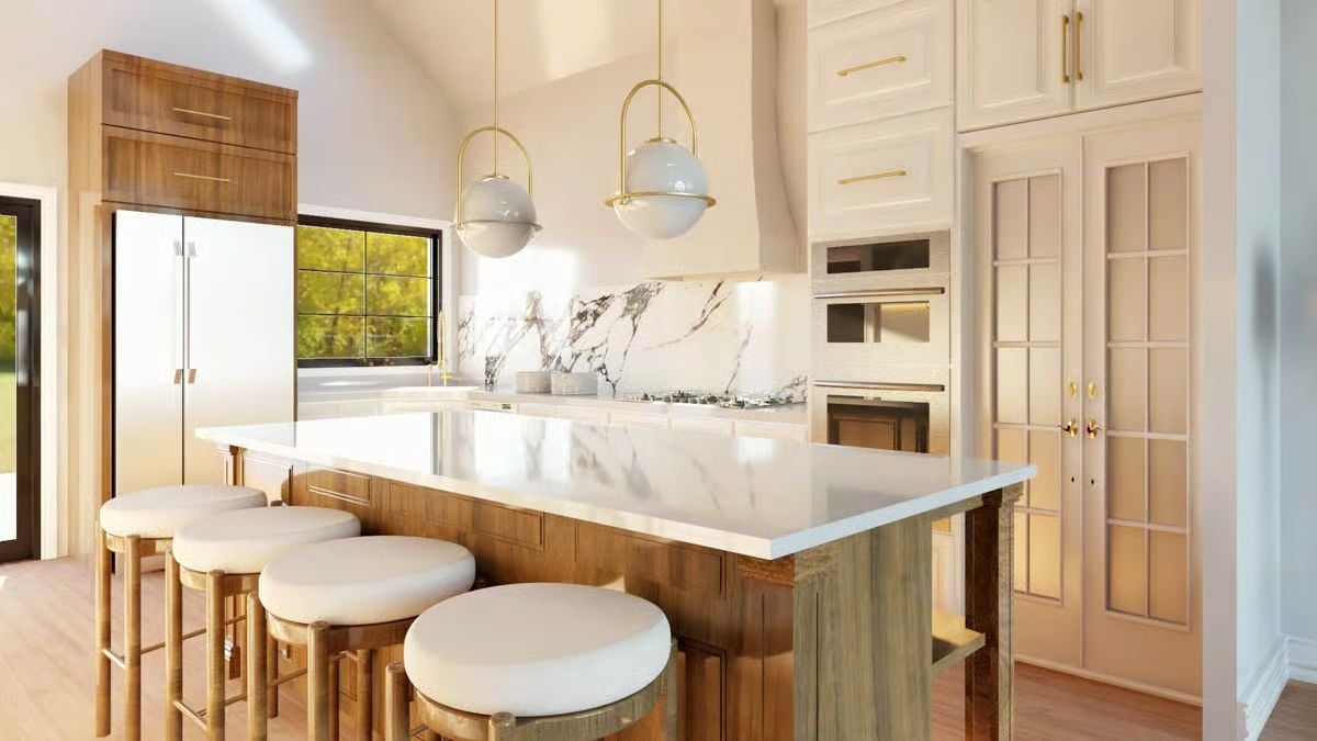 Globe Pendants and Marble Backsplash Make This Kitchen Hard to Ignore