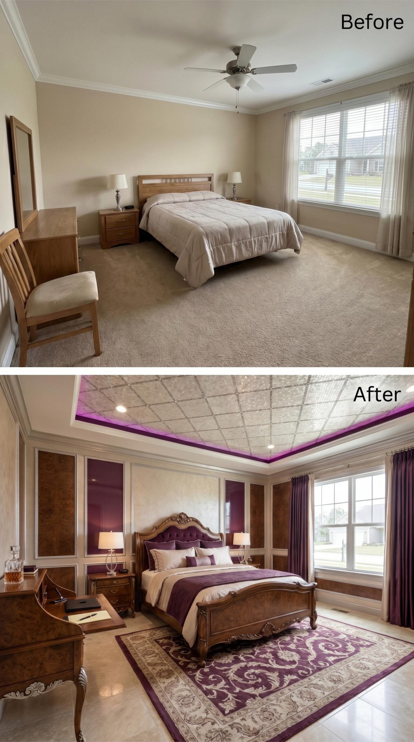Mirrored Tray Ceiling, Plum Velvet Headboard, and a Writing Desk That Clocks Real Hours