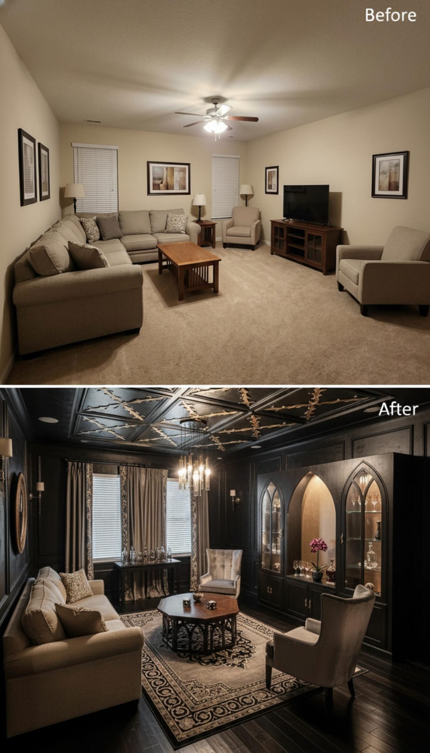 Gothic Arches, a Coffered Black Ceiling, and Built-In Cabinetry That Earns the Drama