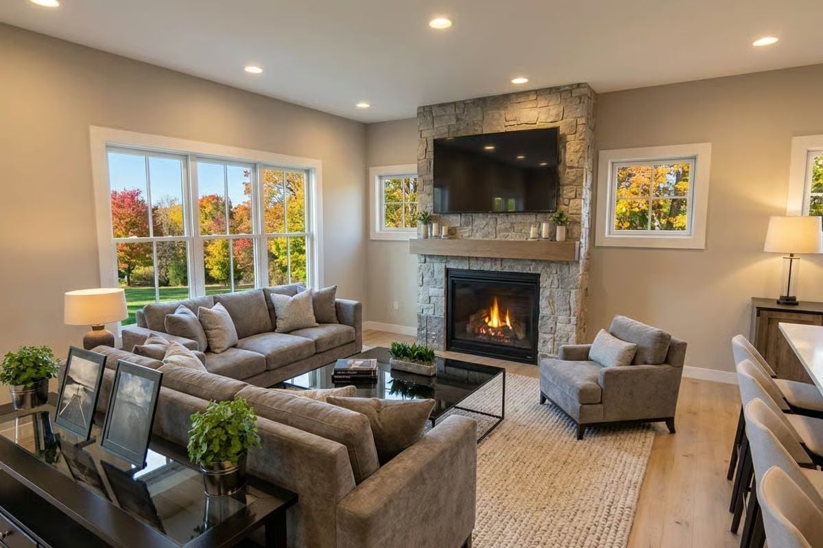 Stone Fireplace and Fall Views Make This Living Room Hard to Leave