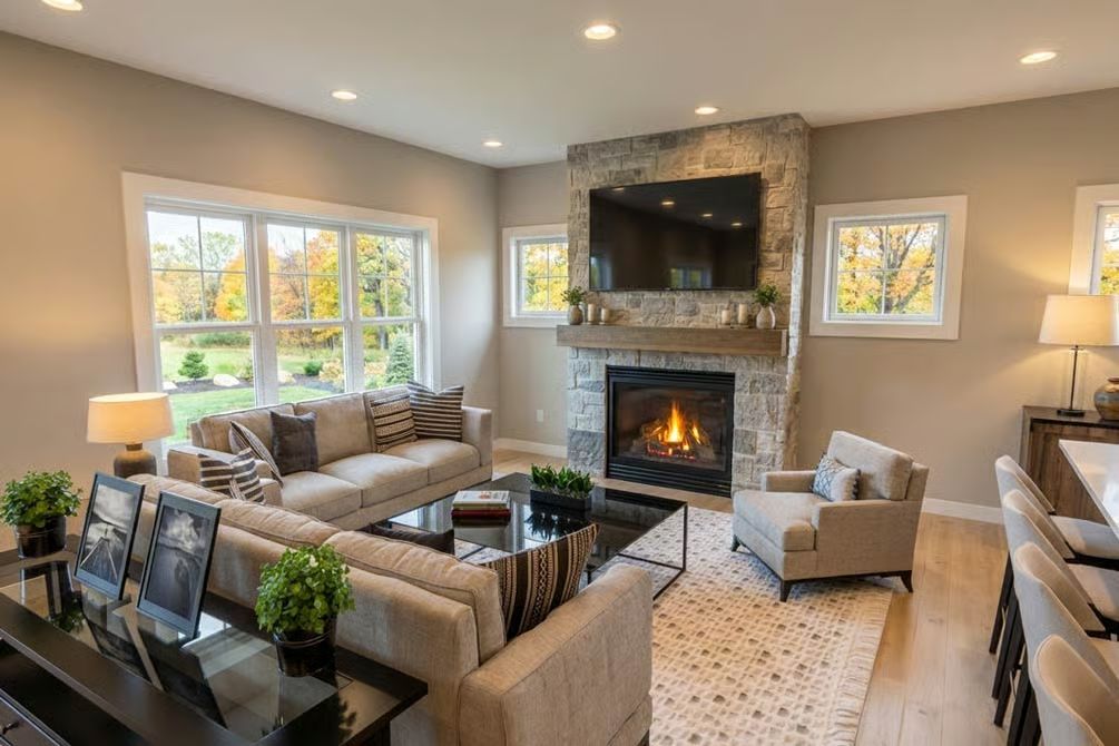 Stone Fireplace Wall, Warm Light, and Seating That Actually Faces Each Other