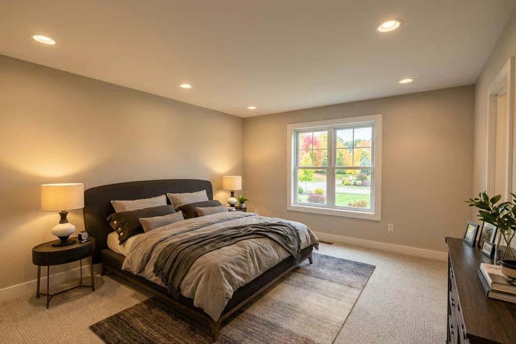 Recessed Lighting, Gray Bedding, and a Window That Pulls the Outdoors In