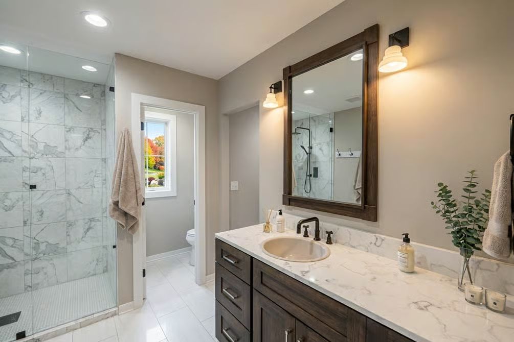 Marble Shower Wall, Dark Vanity, and a Faucet Worth Looking At