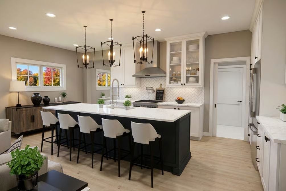 Dark Island Base, White Marble Top — Kitchen Contrast Done Right Wait, I need to avoid em-dashes. Let me redo.