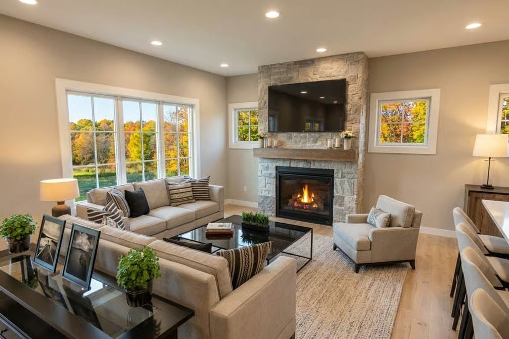 Stone Fireplace Wall With TV Mounted Above Gets the Proportions Right