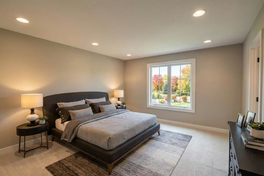 Greige Walls and Recessed Lighting Give This Primary Bedroom a Quiet Confidence