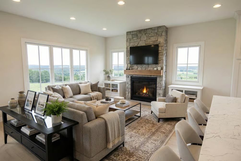 Stone Fireplace Tower Anchors an Open Living Room with Views on Two Sides