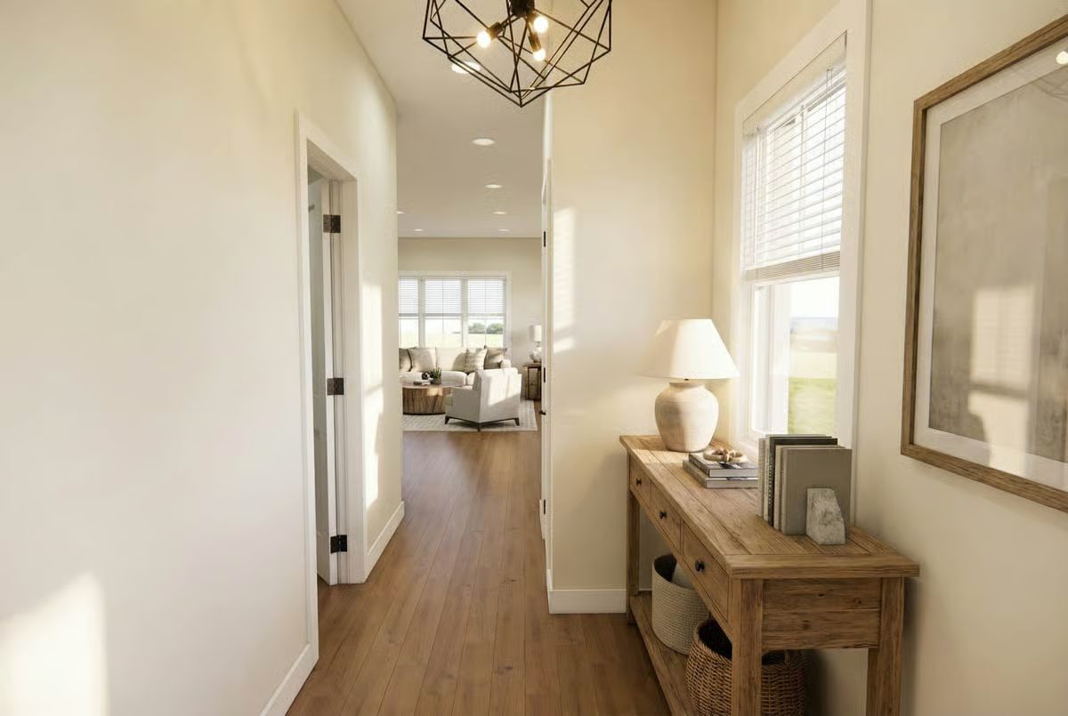 Warm Entry Hallway with Geometric Pendant and Reclaimed Wood Console