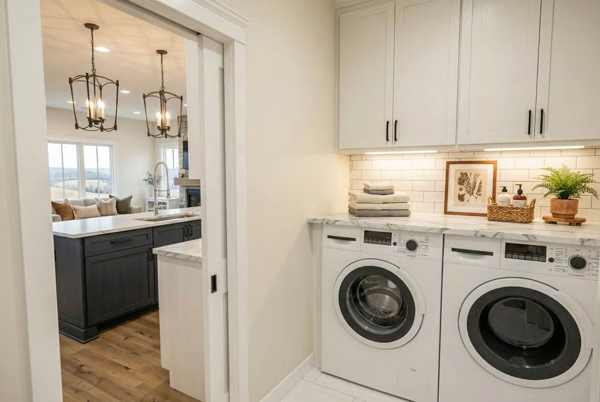 Marble Countertop Over the Washer and Dryer Makes Laundry Feel Less Like a Chore