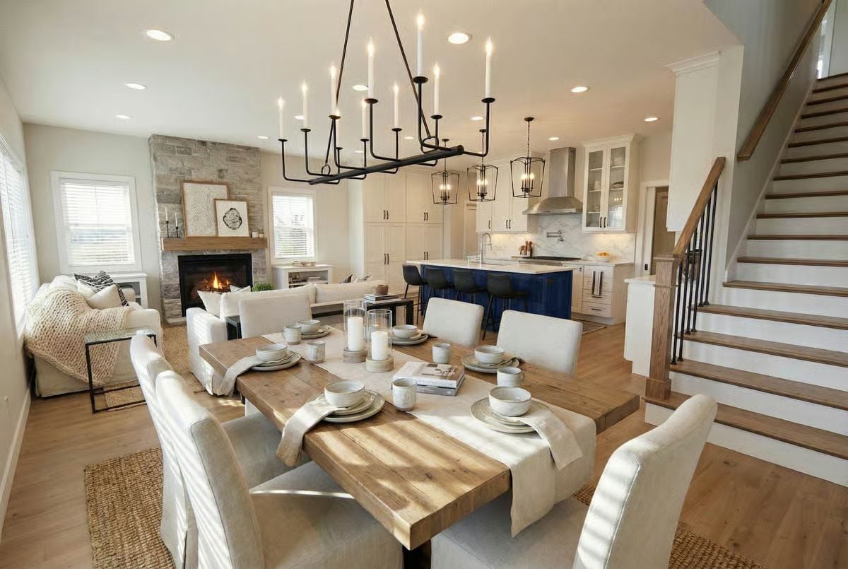 Rustic Dining Table and Navy Island Keep an Open Floor Plan Grounded