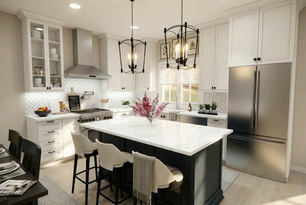 Dark Island Base, White Marble Top, and Two Pendant Lights That Actually Match