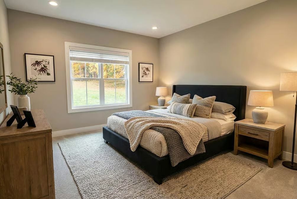 Chunky Knit Throw, Dark Upholstered Headboard, and Warm Wood on Both Sides