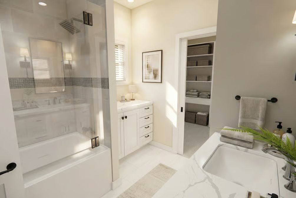 Marble Countertop, Glass-Enclosed Tub, and a Closet You Can Actually See Into