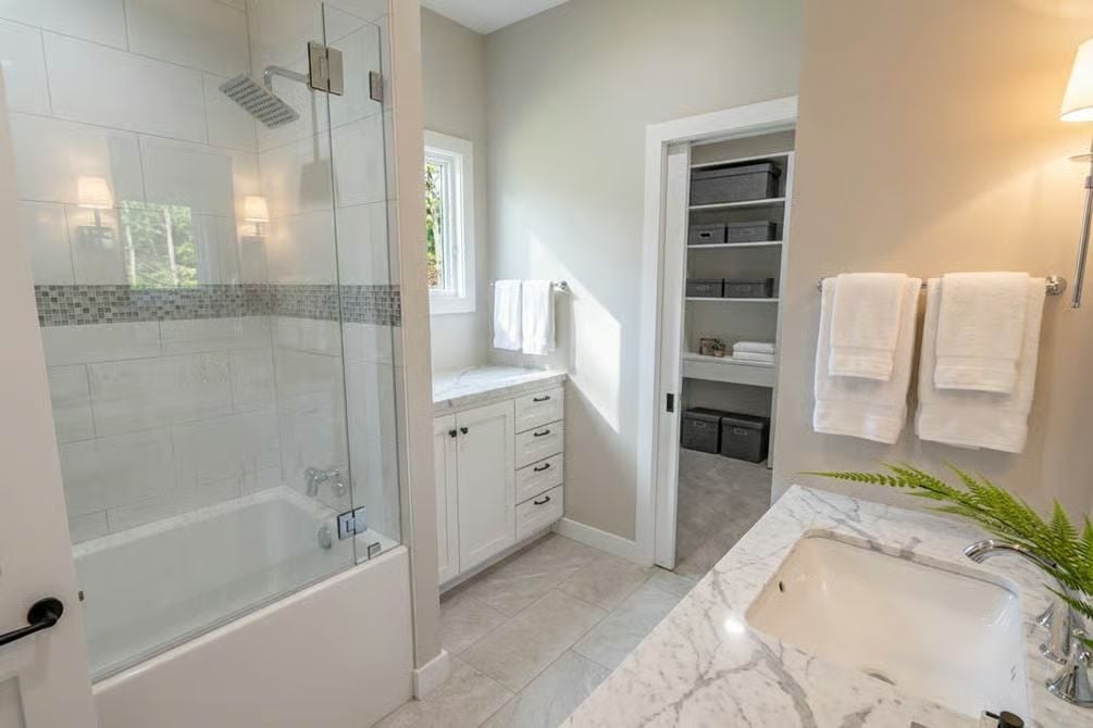 Marble Counters and a Glass-Enclosed Tub Combo That Pulls Its Weight